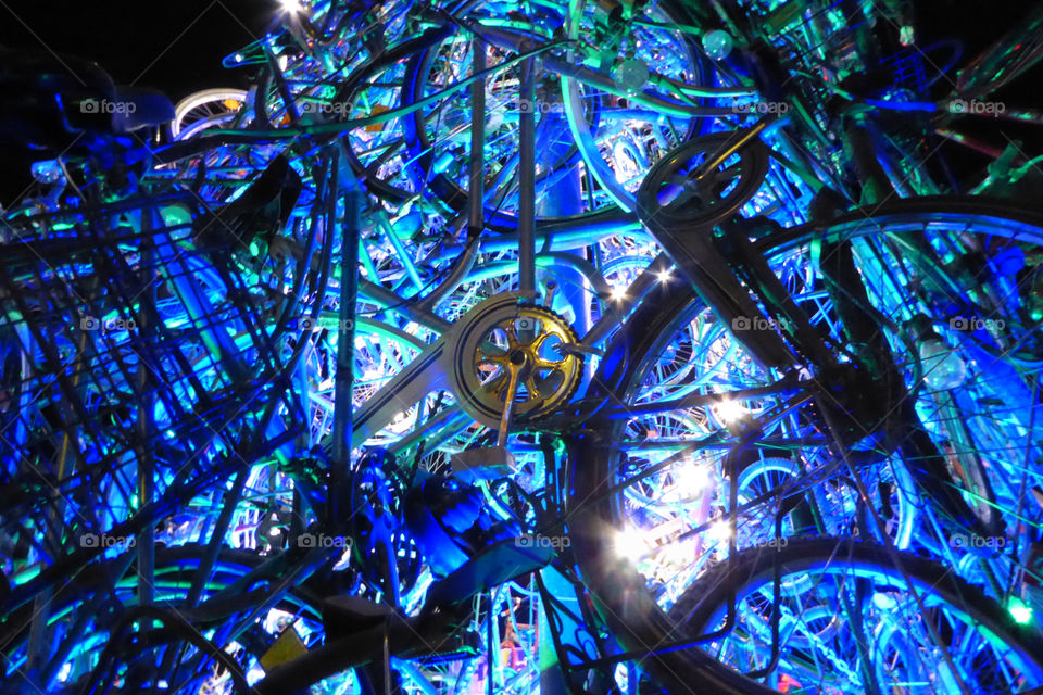 Light Installation with bicycles. blue