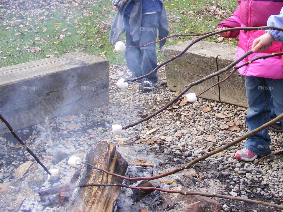 Roasting marshmallows over a fire.