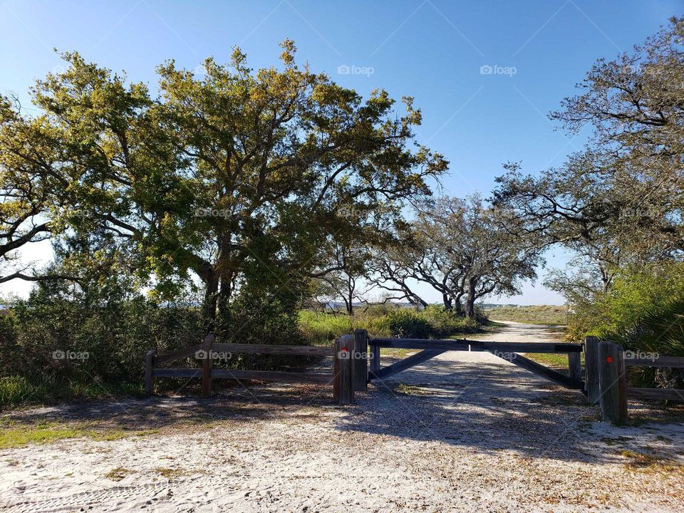 Wooden gate on a dirt road at the beach