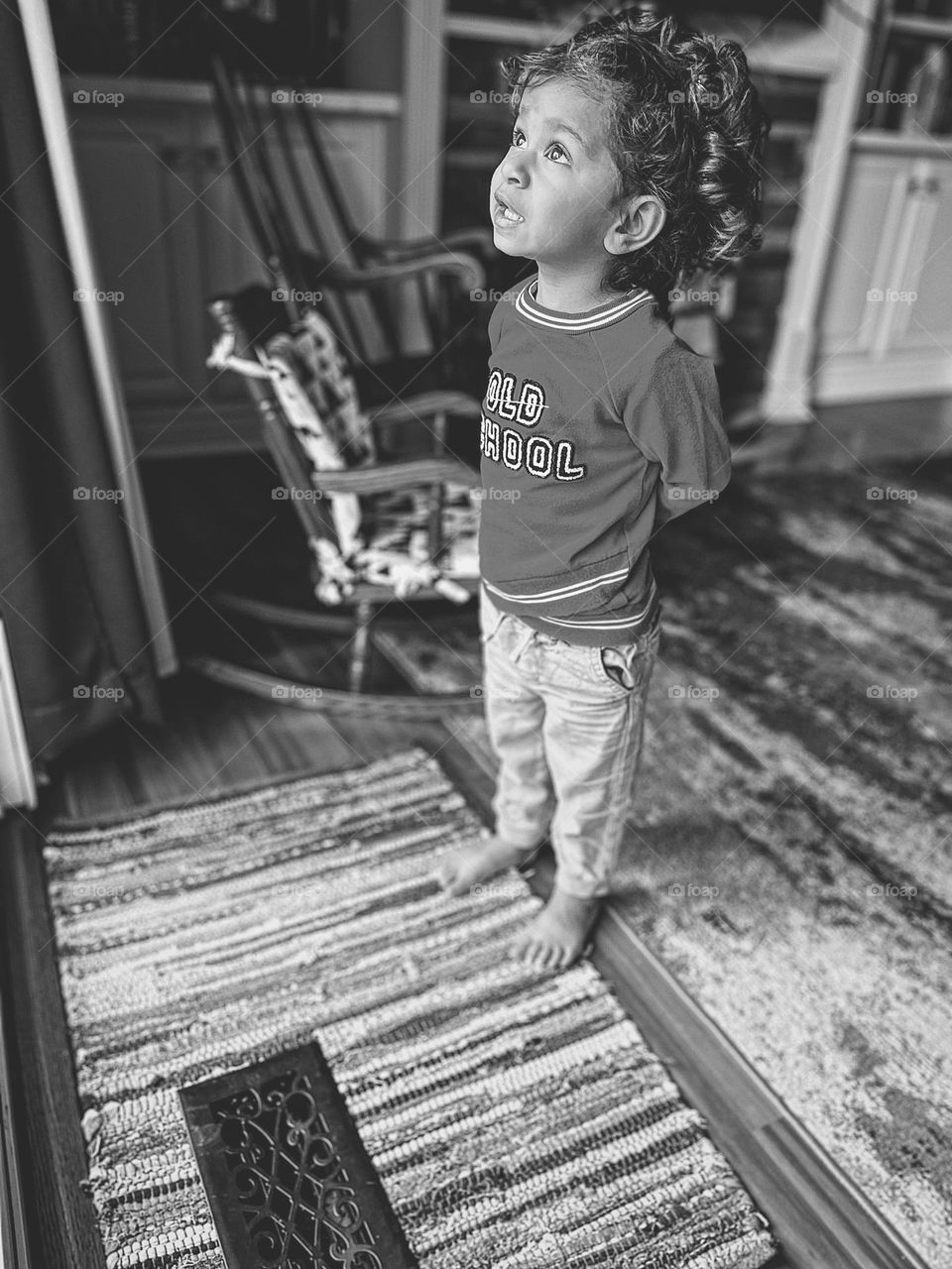 Toddler girl portrait, toddler girl in black and white, toddler screaming at squirrels from inside her house, little girl wants to go outside, mobile photography, toddler portrait 