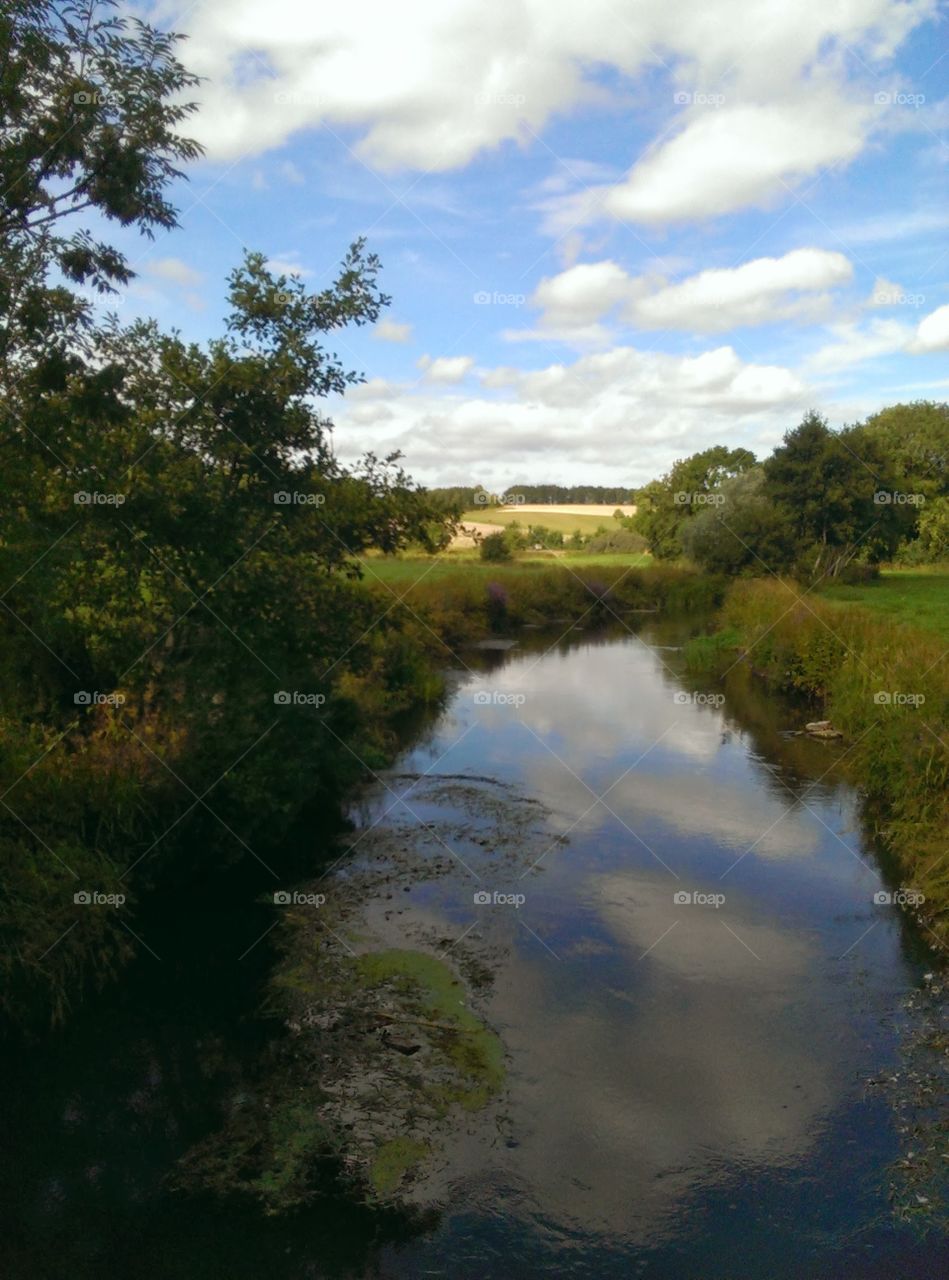 River on a sunny day with reflected sky, happy summer days