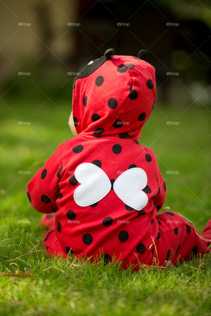 baby wearing red lady bug costume