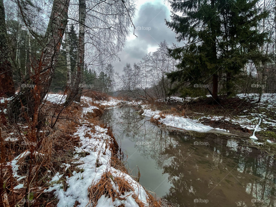 Winter landscape with small forest river