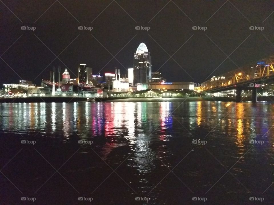 Cincinnati nighttime skyline from the Kentucky shoreline of the Ohio River