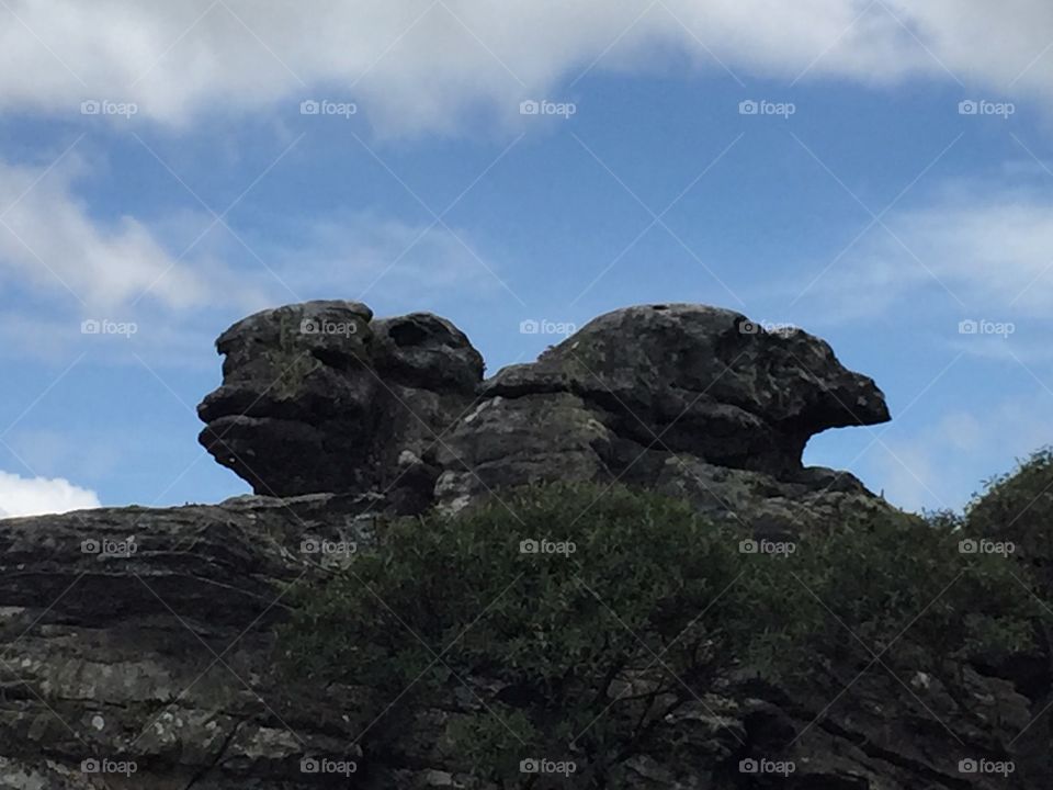 Two rock faces looking at opposite direction 