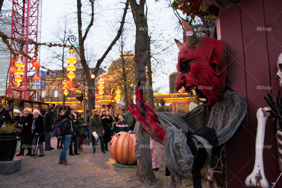 Halloween market in theme park Tivoli in Copenhagen Denmark.