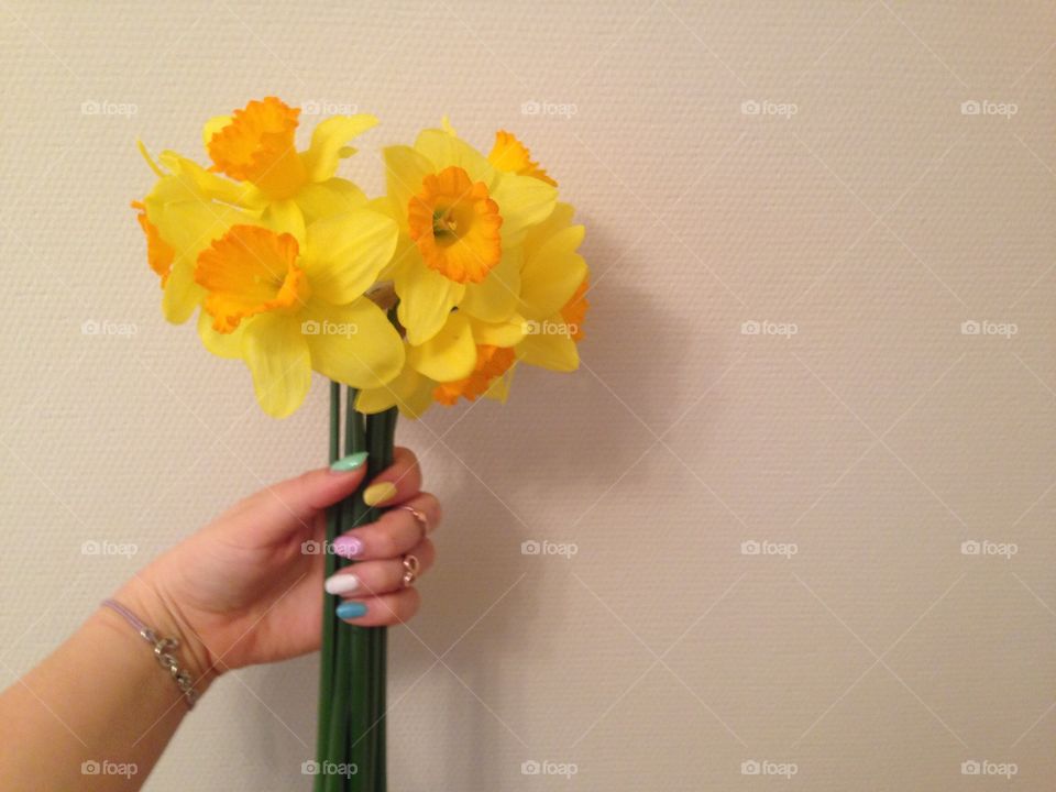 Spring nails and daffodils against a white wall 