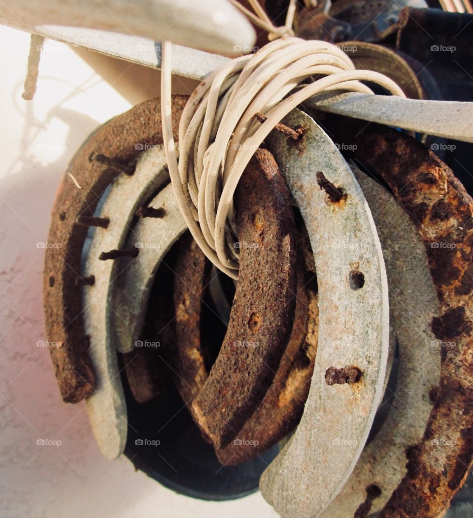 Old horseshoes hanging by twine