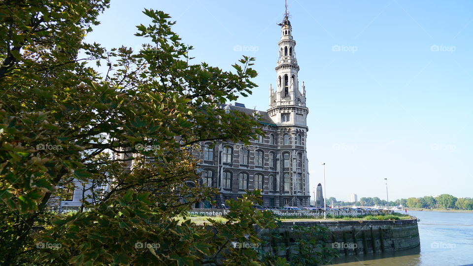 Old building near the river in Antwerp, Belgium.