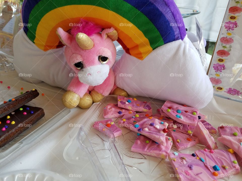 unicorn stuffy with rainbow and treats