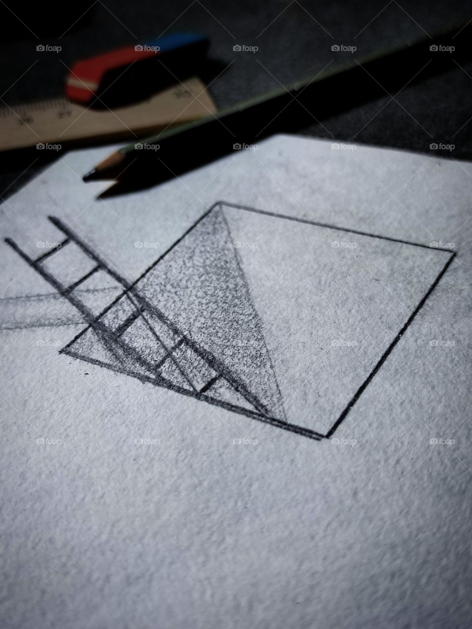 Drawing on a sheet with a 3d image in pencil. Ladder down and its shadows. On the sheet lies a pencil and an eraser