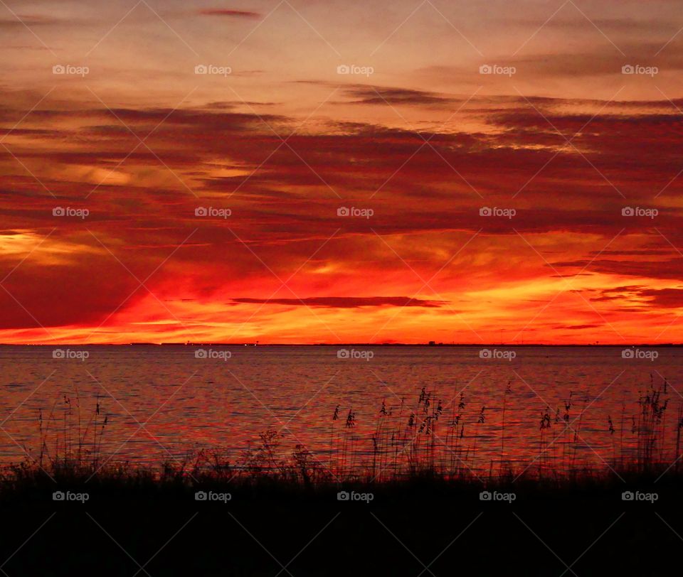 The orange ball of fire changed to hues of tangerine, and then red. It merged with the sky. The clouds were like cotton-candy, as though they blushed at the warm touch of the sun