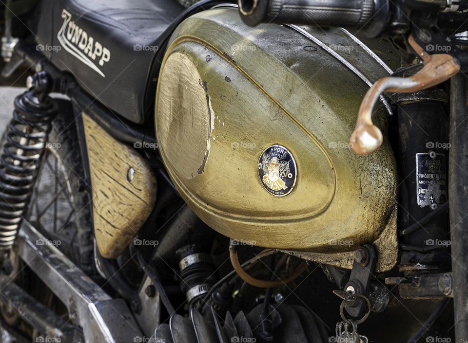 Close up view of an old vintage motorcycle 