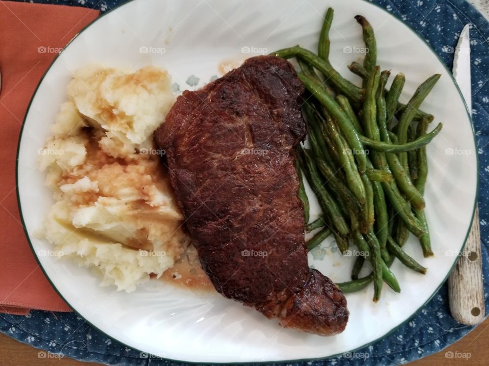 New York Strip Steak with Green Beans and Mashed Potatoes & Gravy