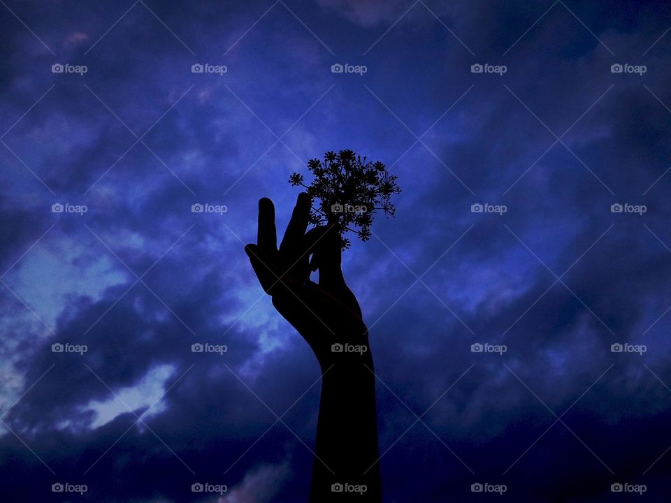 Hand silhouette on sky background