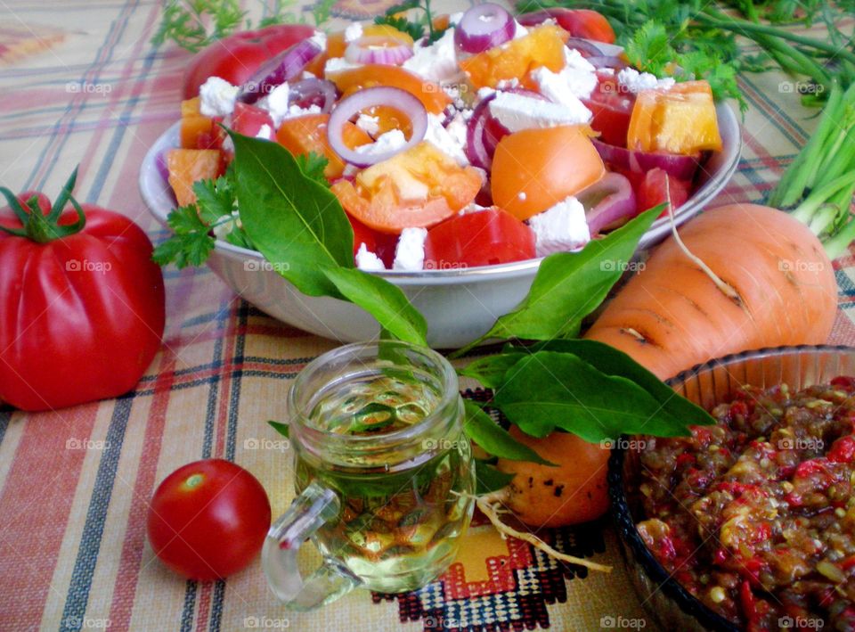 Traditional vegetables salad and alcohol drink 2