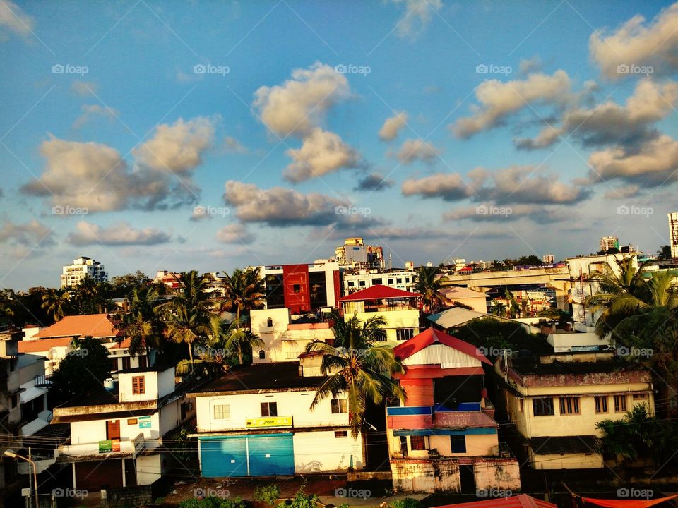 houses, buildings, trees, clowds