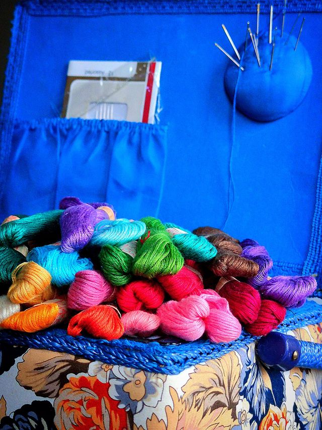 Multicolored embroidery threads in a sewing box