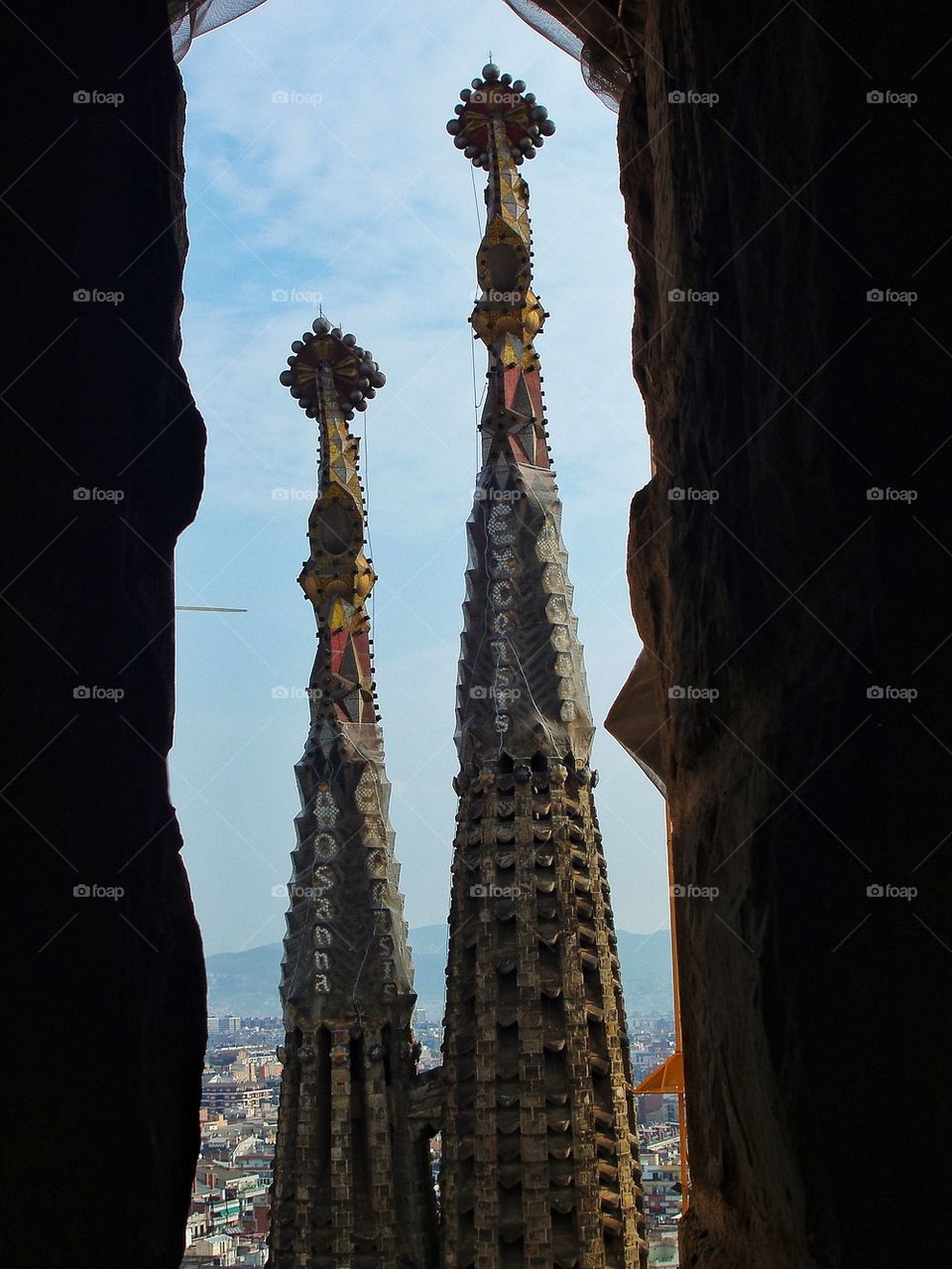 Looking out on towers of Sagrada Familia Barcelona 