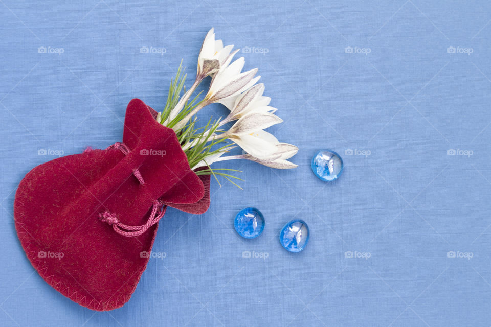 a bouquet of snowdrops in a burgundy bag with blue decorative stones on blue background