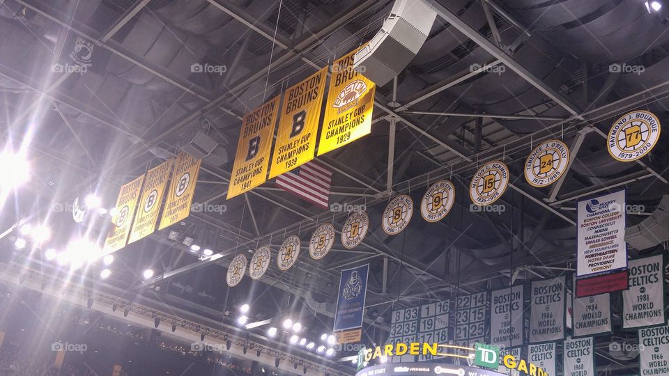TD Garden rafters with Boston Bruins and Celtic banners