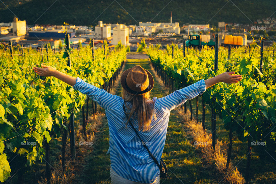 happy woman in a vineyard at sunset