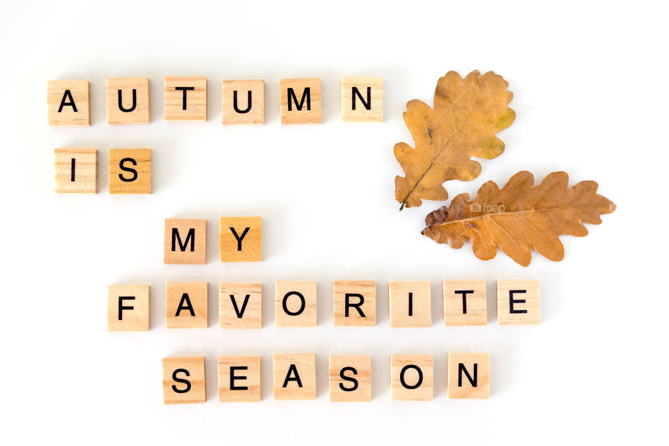 Flatlay view from above. Phrase Autumn is my favorite season made out of wooden blocks with dry oak leaves