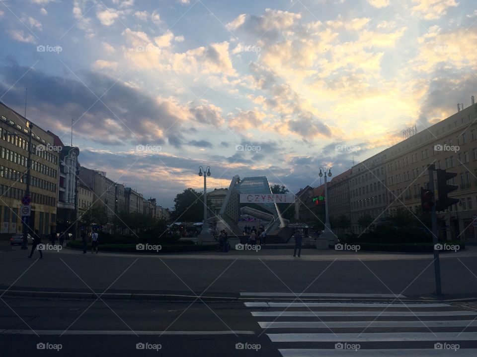 Sunset over square of Freedom in Wroclaw