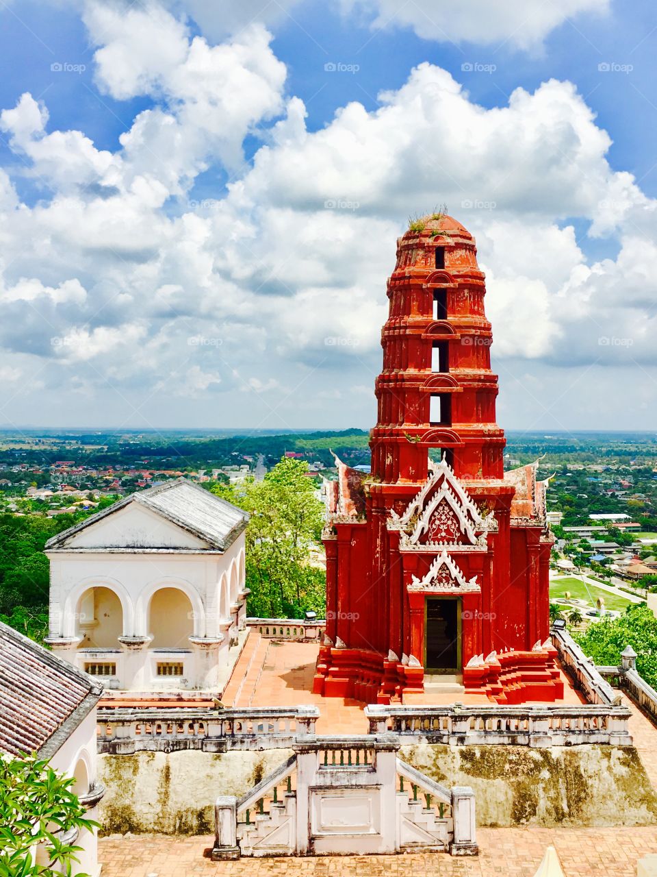 Phra Nakhon Khiri (Khao Wang) red stupa Pagoda architecture in Petchaburi, Thailand 