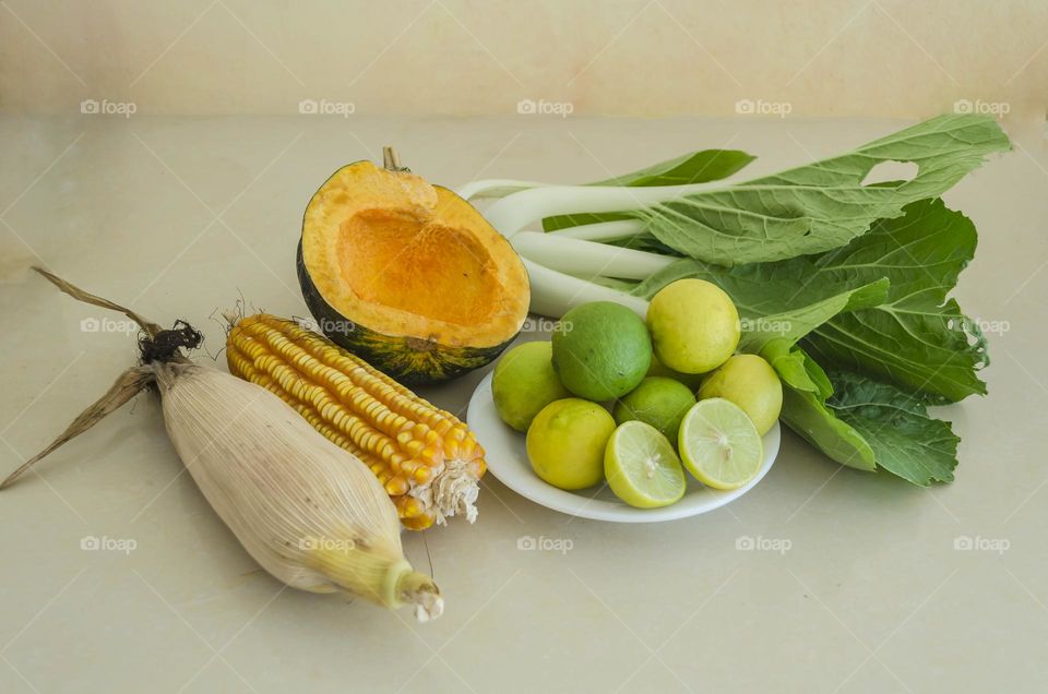 Vegetable Of Lime, Pak Choi, Pumpkin And Corn