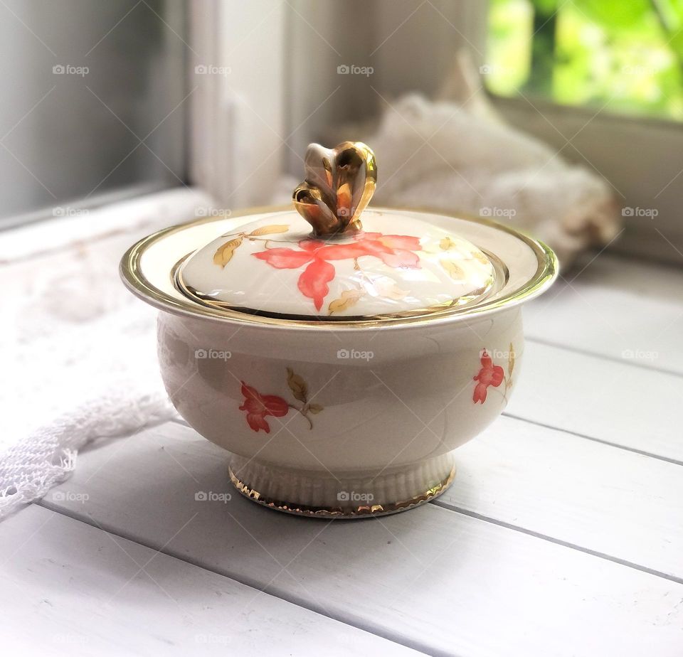 Vintage porcelain beige sugar bowl