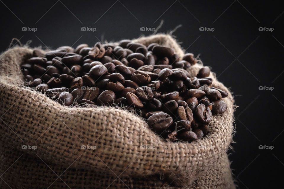 Coffee beans in a burlap sack 