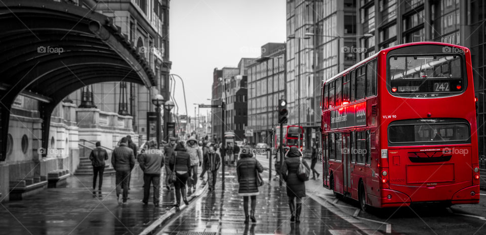 London Bus Splash. a typical London street scene with accents on the famous London buses to give impact