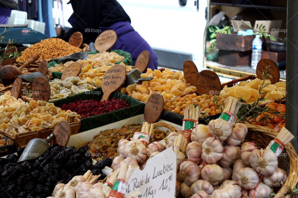 Spices and vegetables in a street market in France 