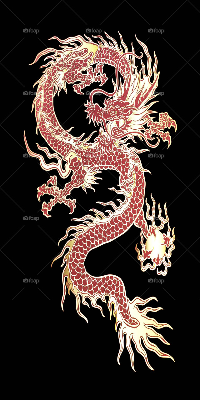 Red dragon on black background