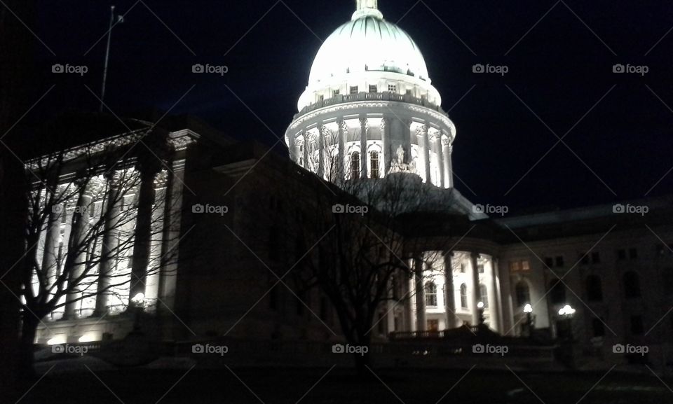 Wisconsin's State Capital building in the fall moonlight.