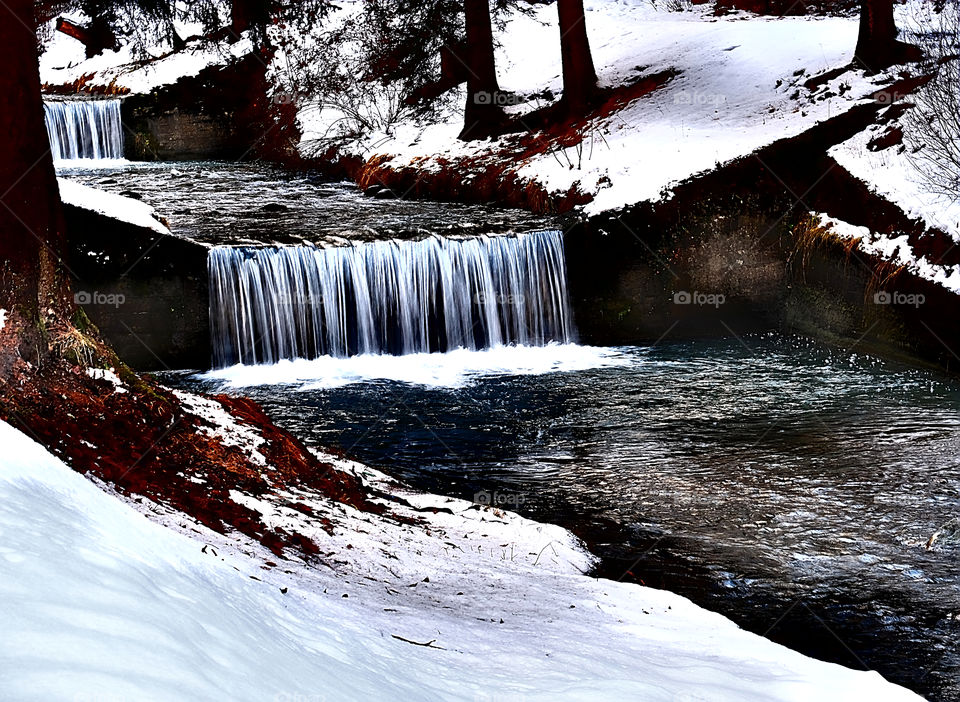 Water, Winter, Snow, Waterfall, River