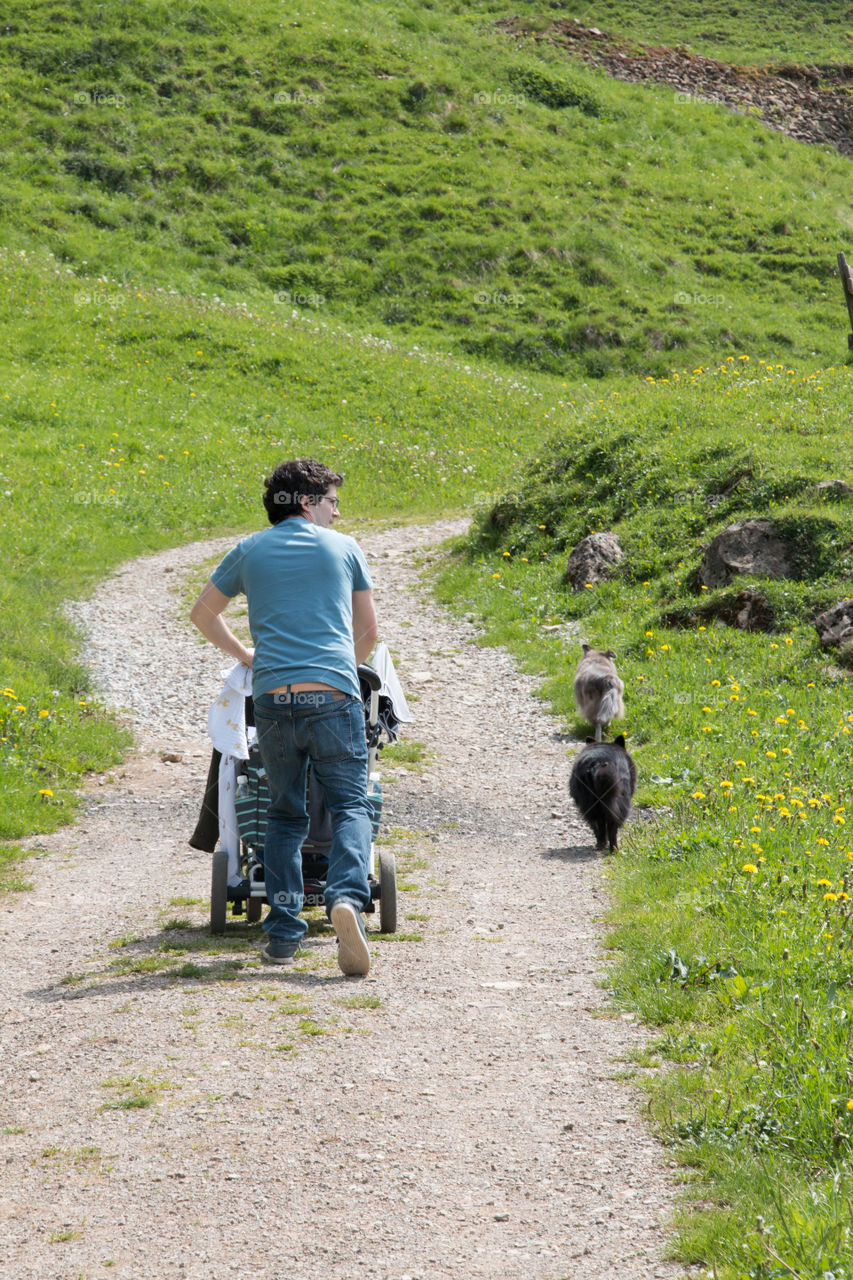 Rear view of man walking with stroller