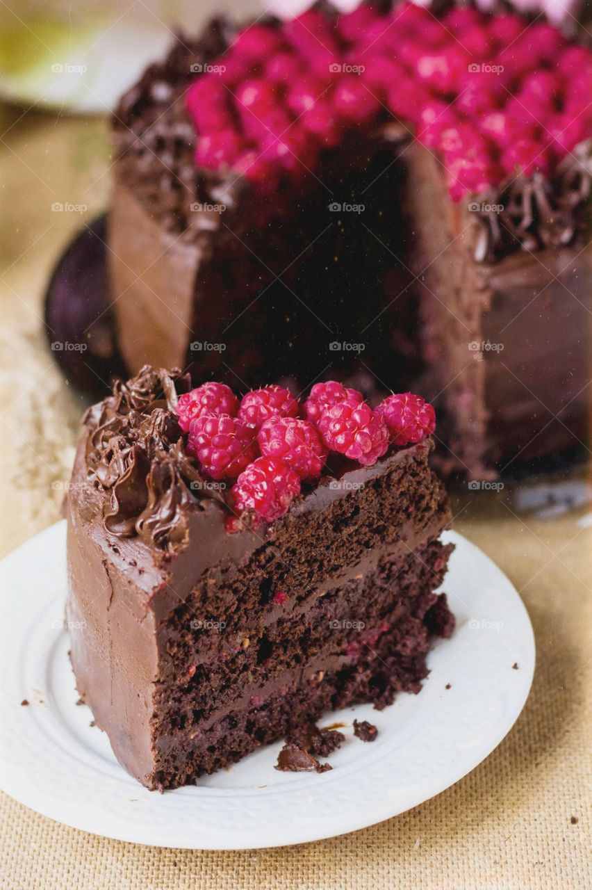a piece of delicious chocolate raspberry cake