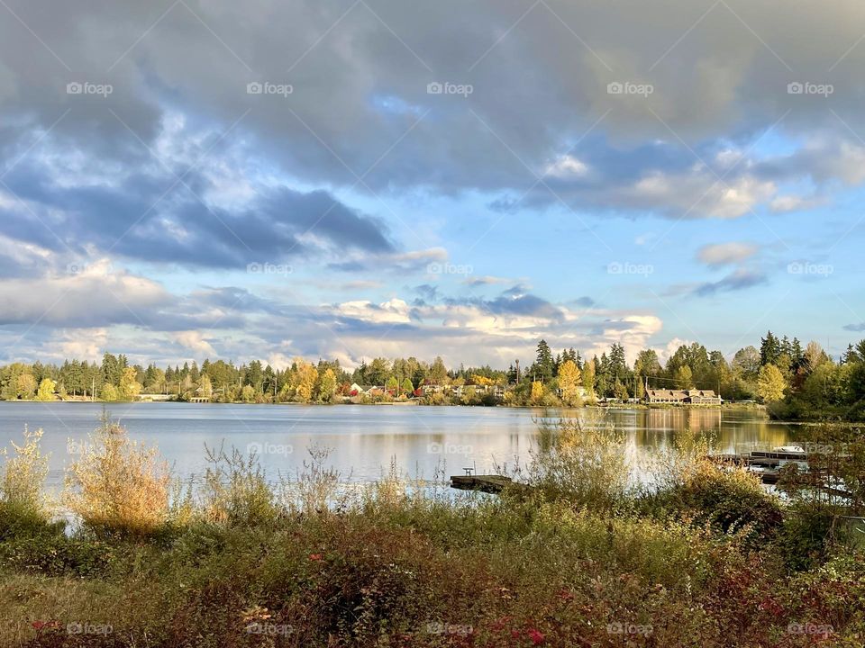 Beautiful landscape with lake and clouds 