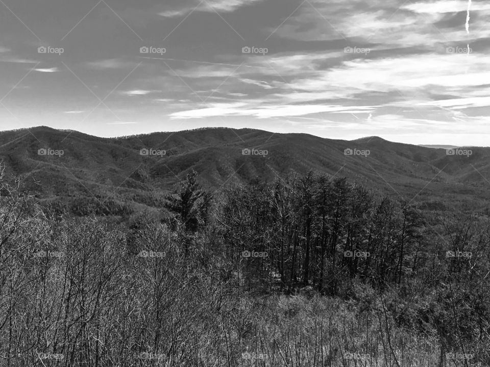 Black and white mountain vista