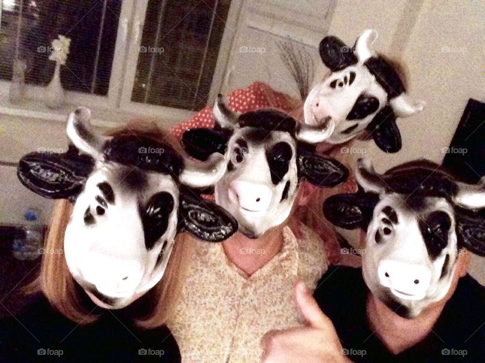 Maskarad. People in a cow masks 
