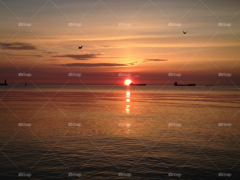 Beautiful sunrise over the sea. The Baltic Sea view in Poland 