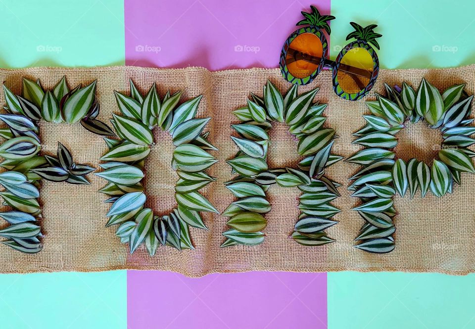 Foap flatlay on light green and purple papers with Foap letters made out of fresh green and white foliage placed on burlap