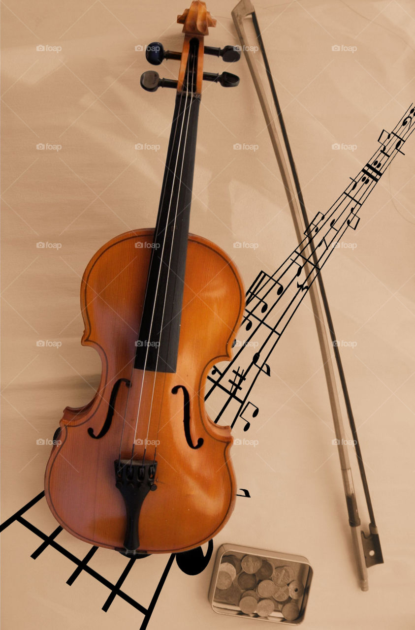 Elevated view of violin and bow