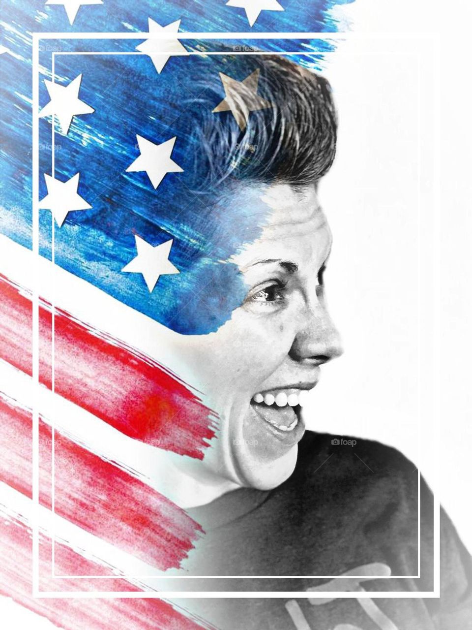 Woman with American flag, creative image with American flag and woman, US citizen with flag, painted United States flag, creative patriotic art