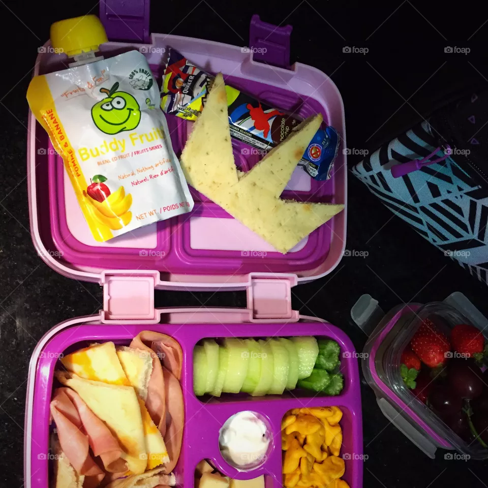 School lunchbox full of good food snacks and the Buddy Fruits of course