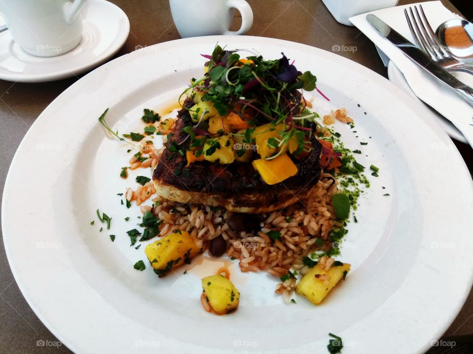Grilled Swordfish with fruit salsa, rice and jalapeno aoli