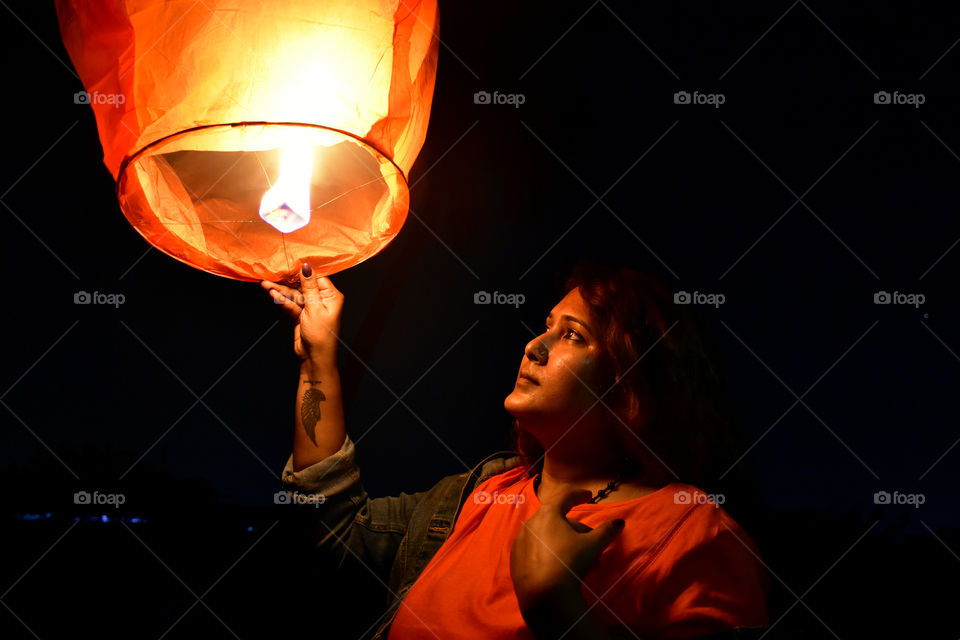 woman with sky lantern