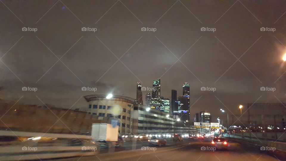 Berth, sunset, river,  Moscow, city, night city, Moscow does not sleep